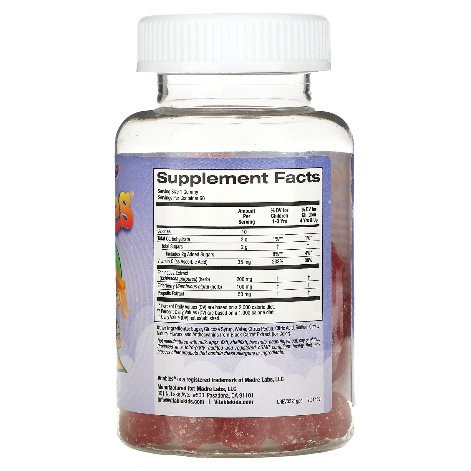 Vitables, Gummy Propolis & Echinacea for Children, Free Gelatin, Raspberry, 60 Vegetarian Gummies