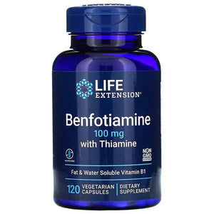 Life Extension Benfotiamine 100mg with Thiamine dietary supplement in blue bottle with 120 vegetarian capsules