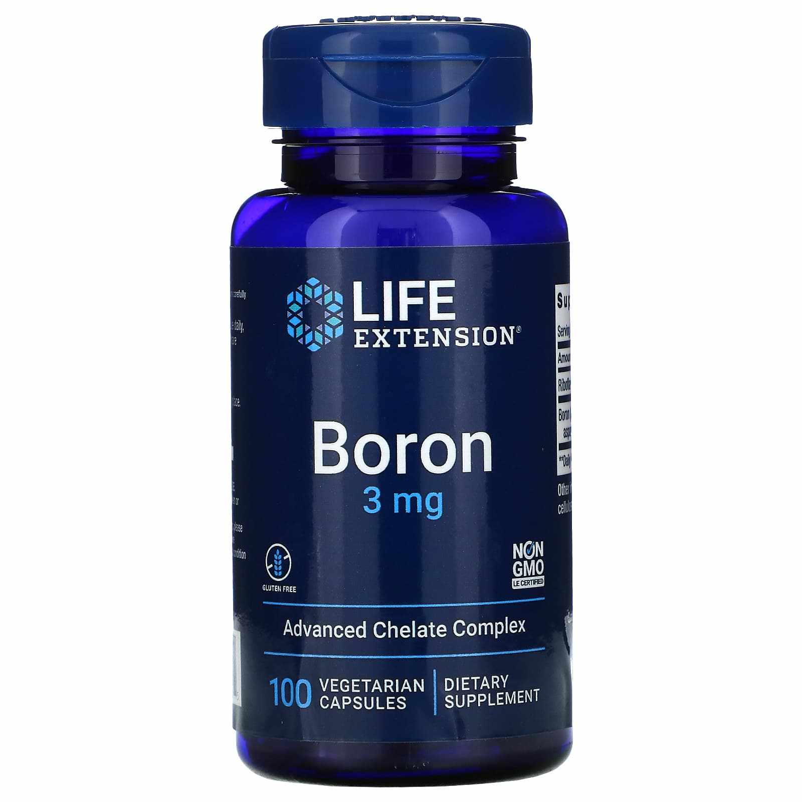 Life Extension Boron 3 mg dietary supplement bottle with 100 vegetarian capsules and advanced chelate complex label