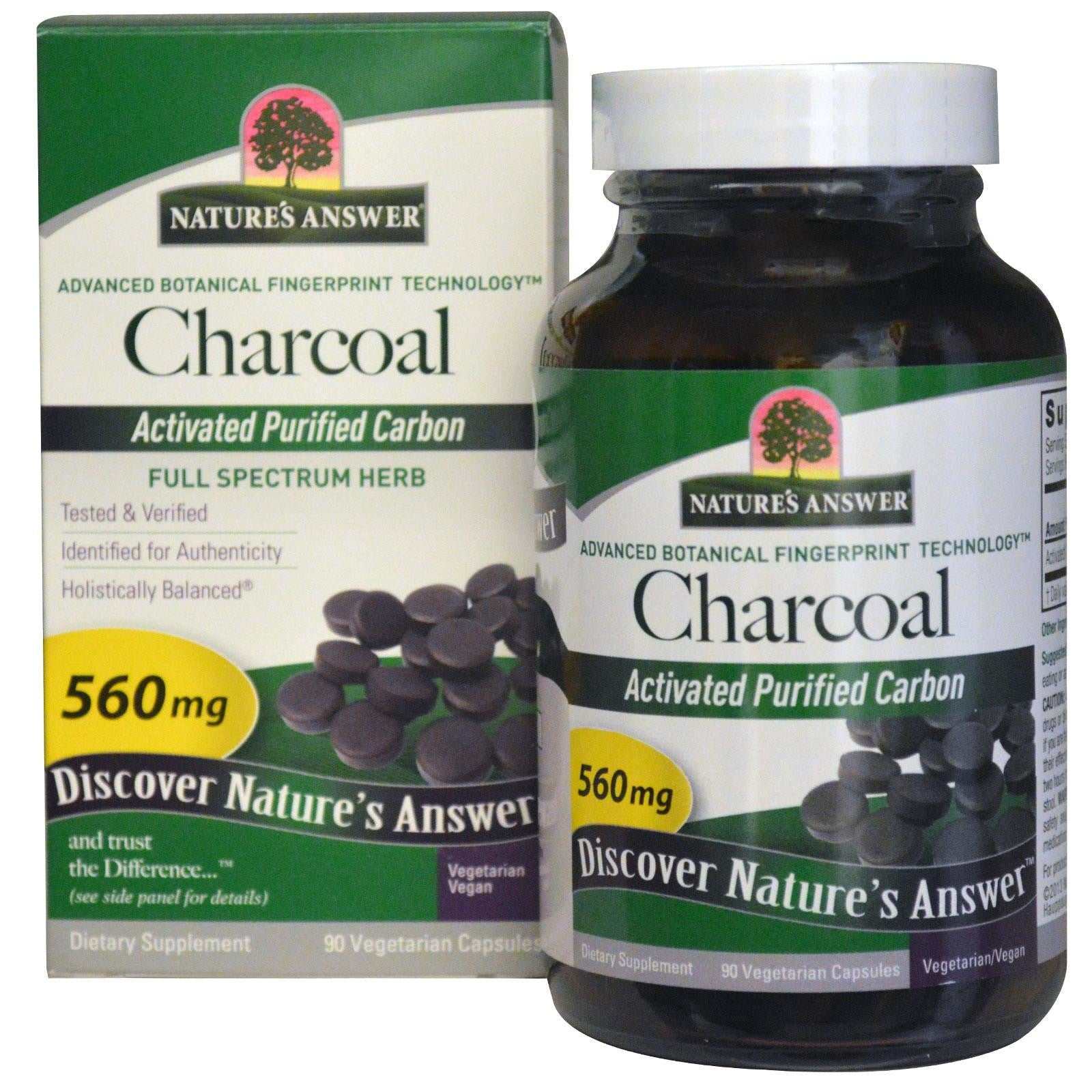 Nature's Answer Charcoal Activated Purified Carbon 560mg 90 Vegetarian Capsules dietary supplement bottle and box