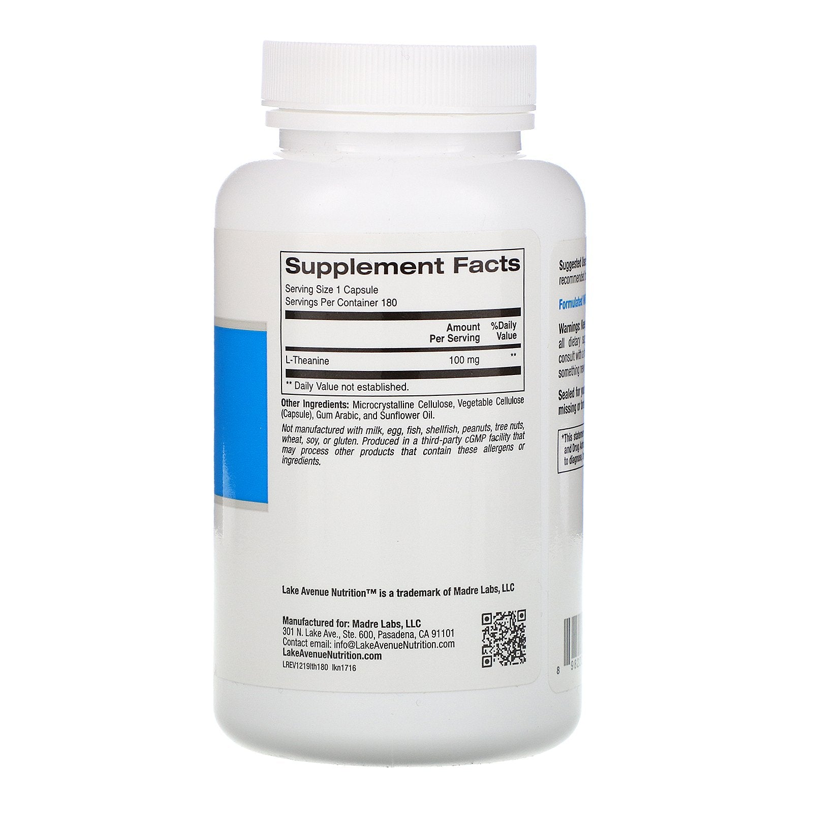 Lake Avenue Nutrition L-Theanine 100mg 180 Veggie Capsules
