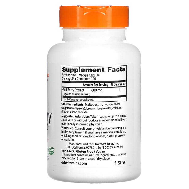 Doctor's Best, Goji Berry Extract, Organic, 600mg, 120 VCaps