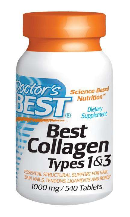 Doctor's Best Collagen Types 1 & 3 dietary supplement bottle with 1000mg collagen tablets for skin, nails, tendons, and bones support