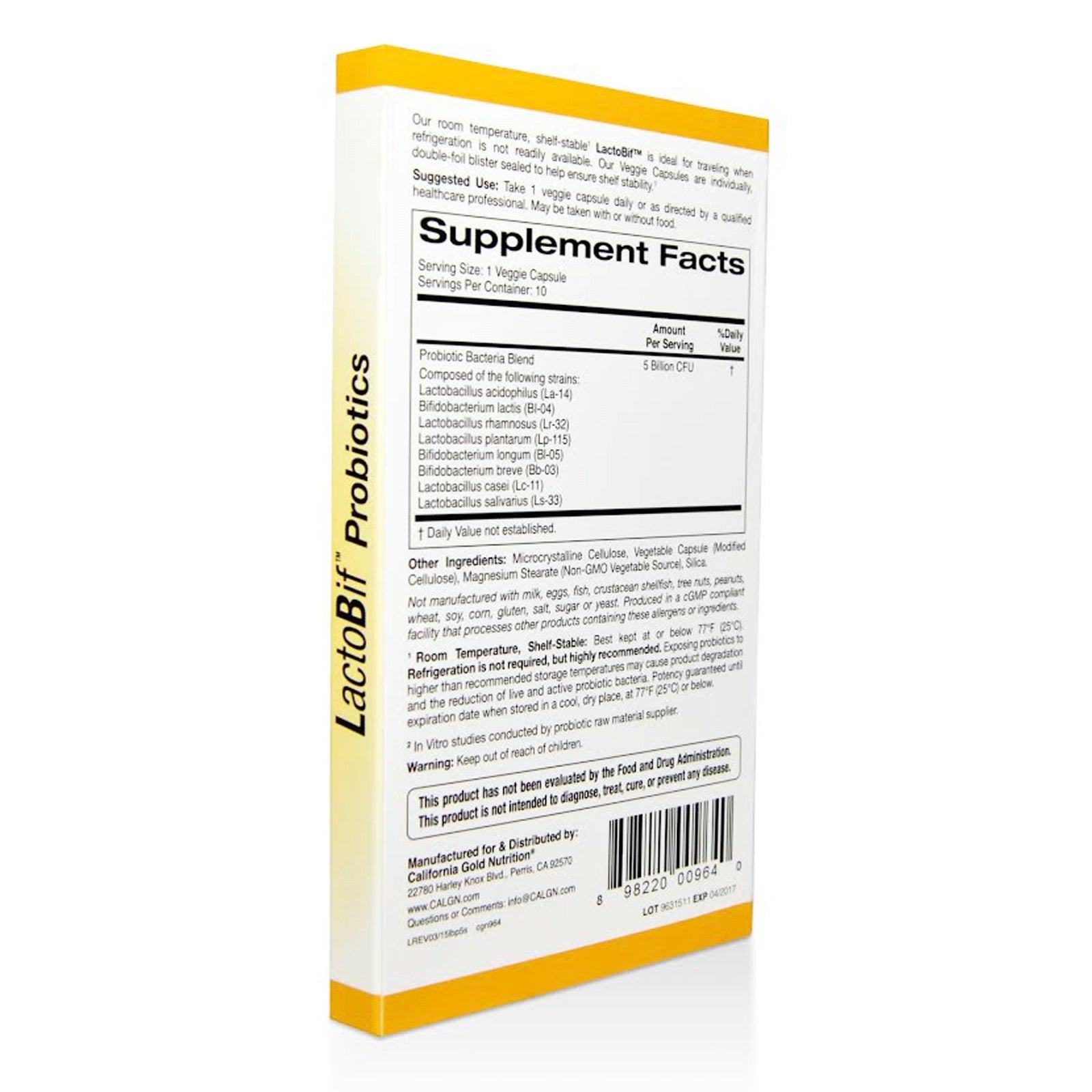 California Gold Nutrition LactoBif Probiotics 5 Billion CFU 10 Veggie Caps