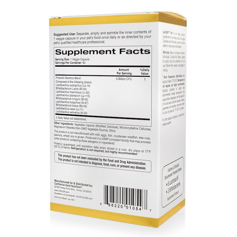California Gold Nutrition LactoBif Pet Probiotics 5 Billion CFU 60 Veggie Caps