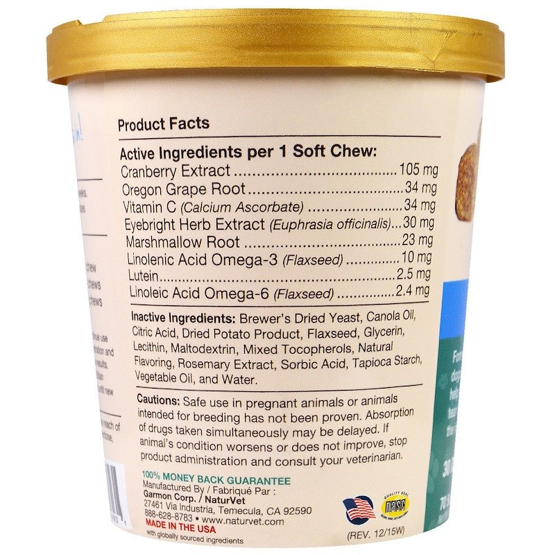 NaturVet Tear Stain for Dogs & Cats Plus Lutein 70 Soft Chews 5.4 oz (154g)