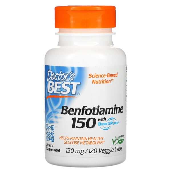 Doctor's Best Benfotiamine 150mg 120 veggie capsules dietary supplement for glucose metabolism support vegan capsule bottle