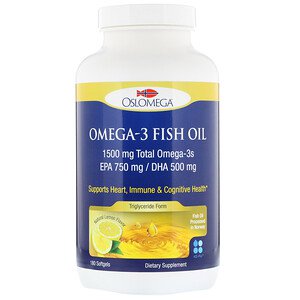 Oslomega Omega-3 Fish Oil 750mg EPA 500mg DHA Natural Lemon Flavor 180 Softgels