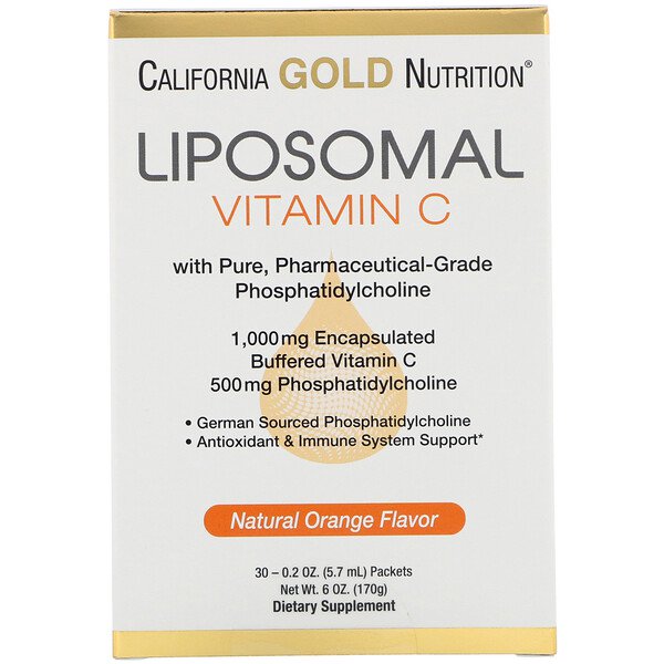 California Gold Nutrition Liposomal Vitamin C Natural Orange Flavor 1000mg 30 Packets 0.2 oz (5.7ml) Each
