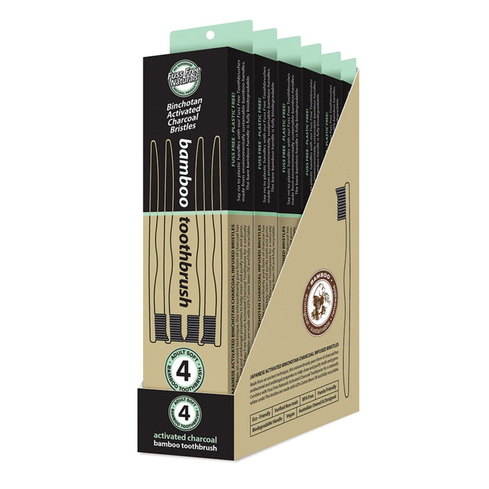 Essenzza Fuss Free Naturals Toothbrush Bamboo Activated Charcoal Soft 4x6 Display
