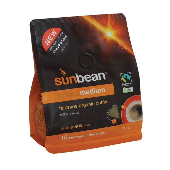 Sun bean Coffee Fairtrade Organic Solstice 100% Arabica Medium x 15 Pyramid Bags