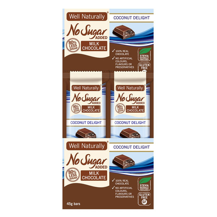 Well Naturally No Added Sugar Bar Milk Chocolate Coconut Delight 45g x 16 Display