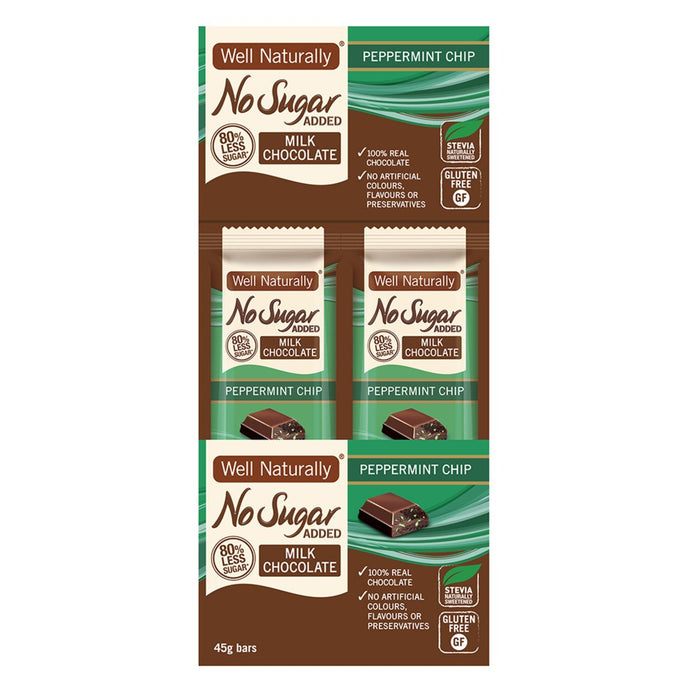 Well Naturally No Added Sugar Bar Milk Chocolate Peppermint Chip 45g x 16 Display