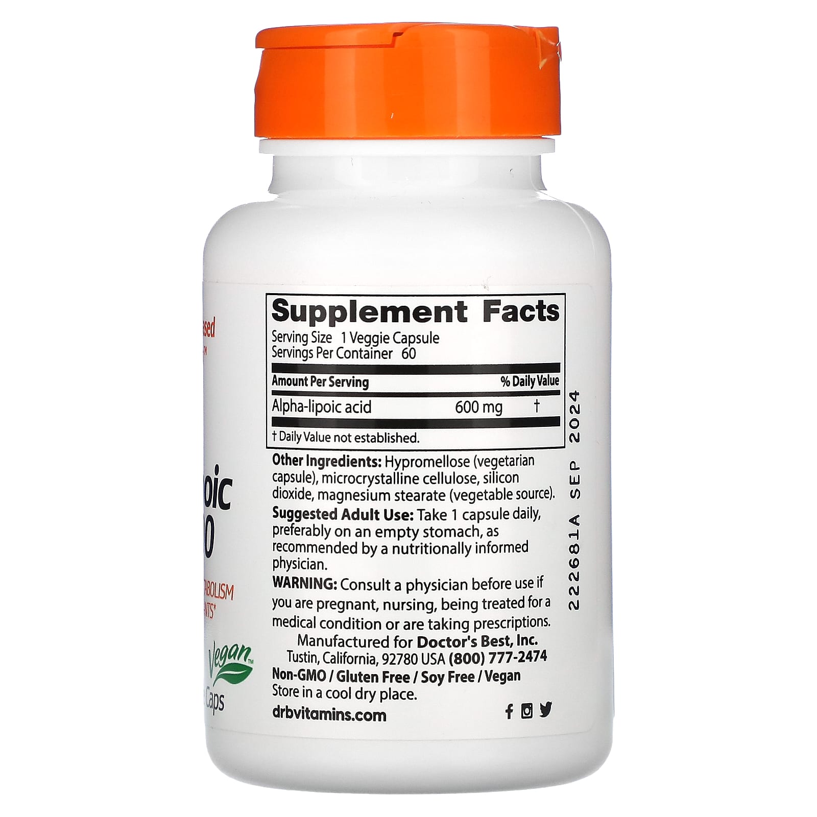 Doctor's Best Best Alpha Lipoic Acid 600mg 60 Veggie Capsules
