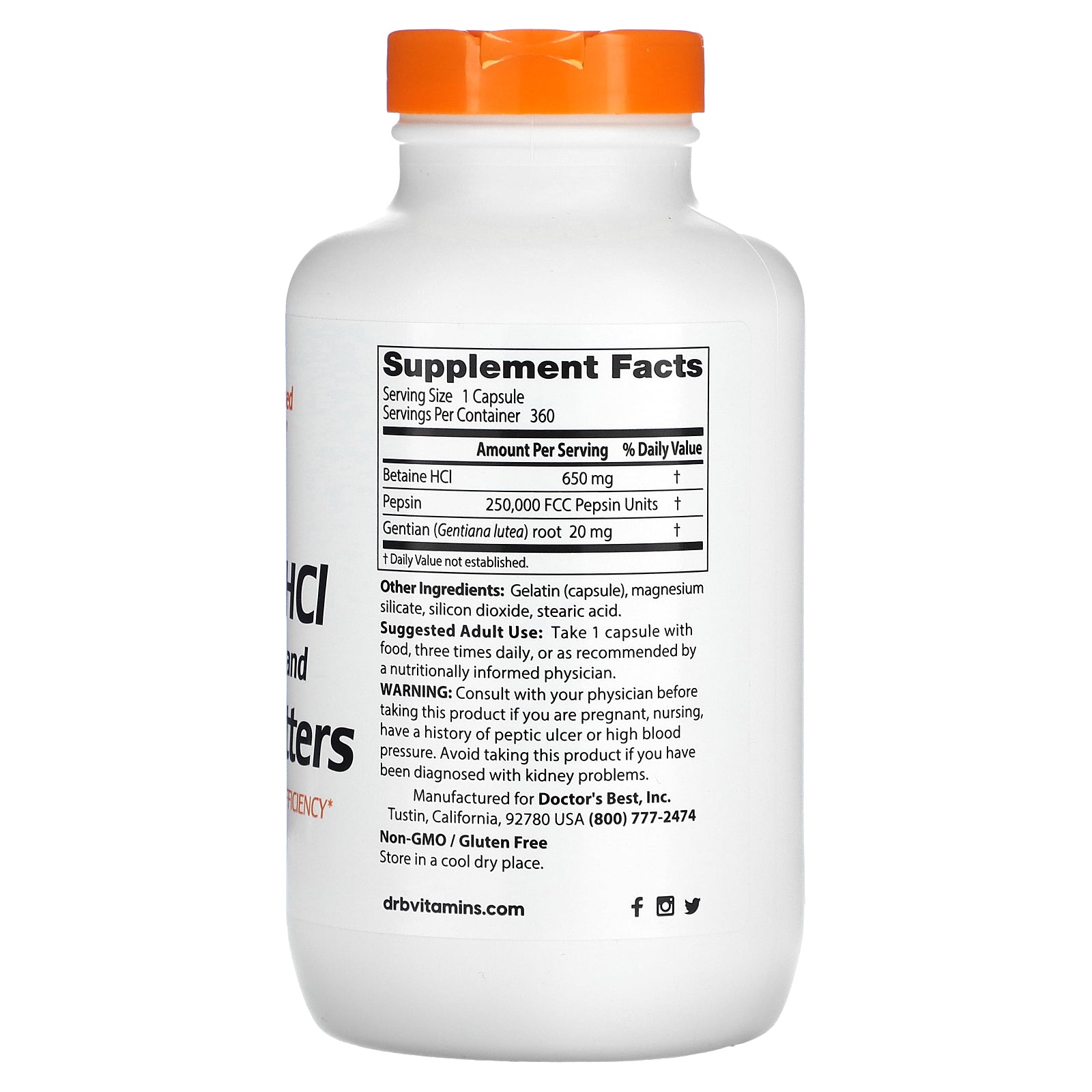 Doctor's Best, Betaine HCL, Pepsin and Gentian Bitters, 360 Capsules