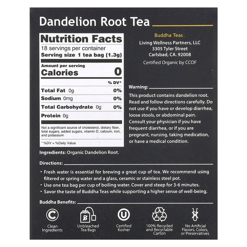 Buddha Teas, Organic Herbal Tea, Dandelion Root, Caffeine Free, 18 Tea Bags, 0.83 oz (24 g)