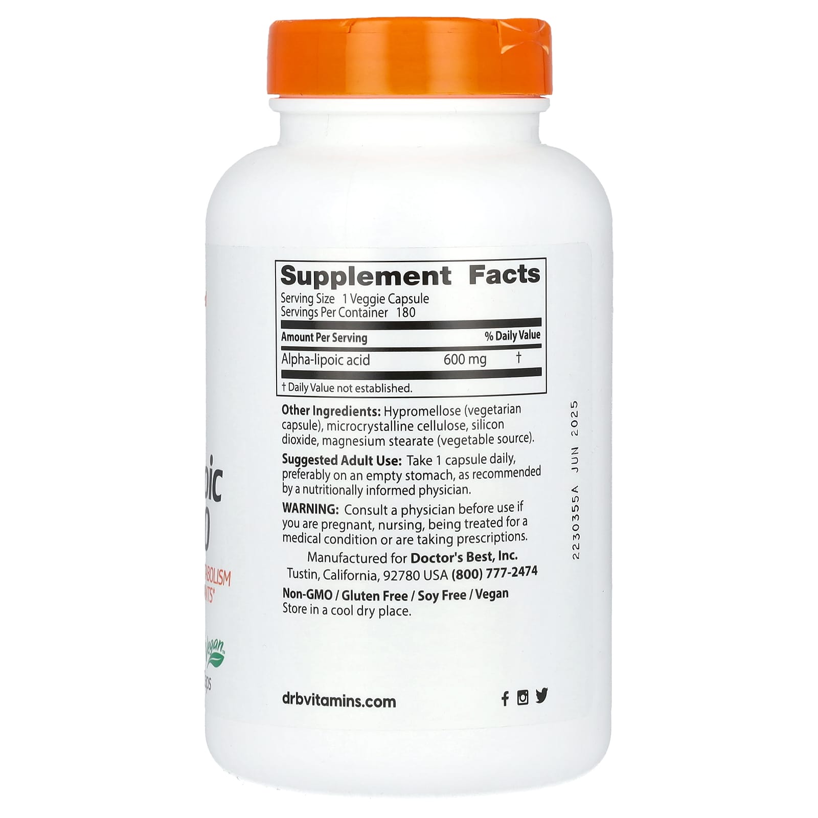 Doctor's Best Best Alpha Lipoic Acid 600mg 180 Veggie Capsules