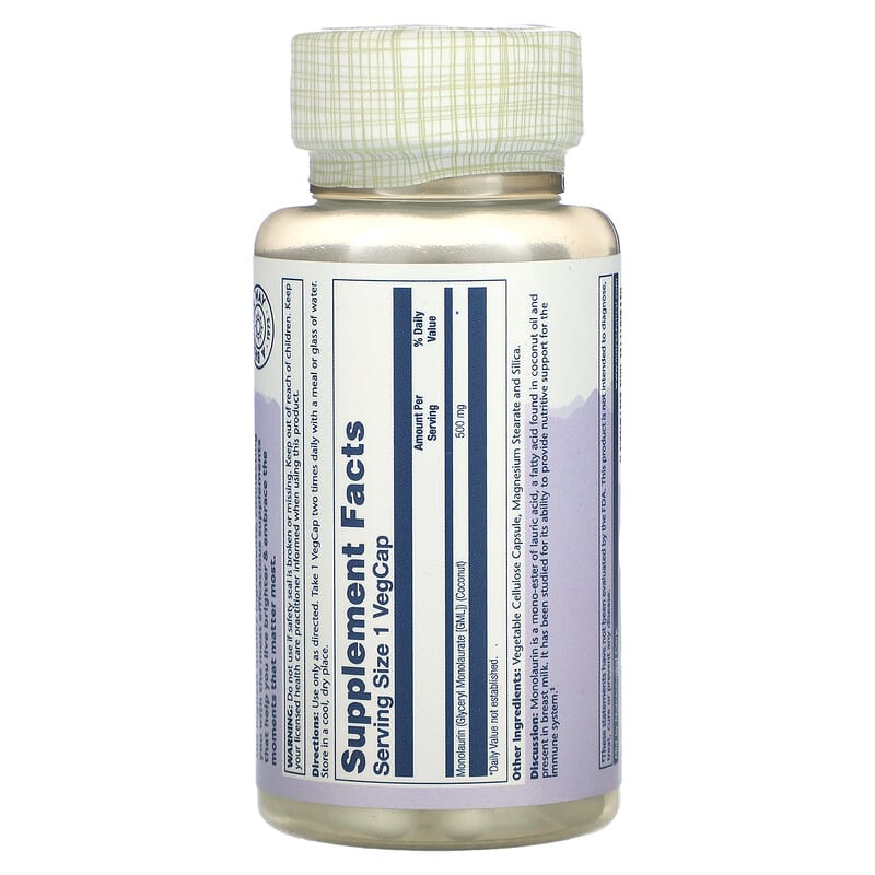 Solaray, Monolaurin, 500 mg, 60 VegCaps exp 08/25