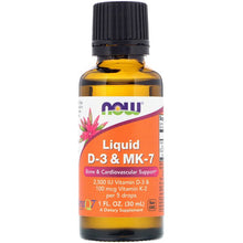 Load image into Gallery viewer, Now Foods Liquid D-3 &amp; MK-7 1 fl oz (30ml)