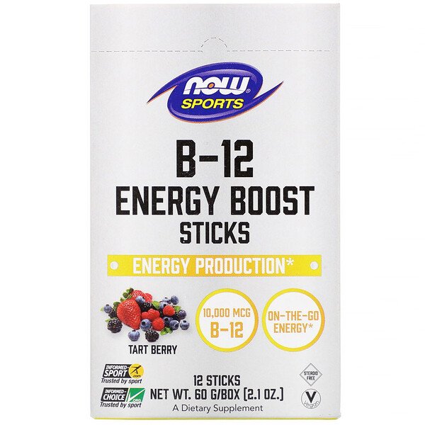 Now Foods Sports B-12 Energy Boost Sticks Tart Berry 10000mcg 12 Sticks 2.1 oz (60g)