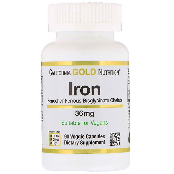 California Gold Nutrition Ferrochel Iron (Bisglycinate) 36mg 90 Veggie Capsules