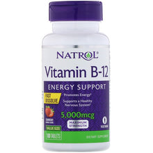 Load image into Gallery viewer, Natrol Vitamin B-12 Fast Dissolve Maximum Strength Strawberry 5,000mcg 100 Tablets