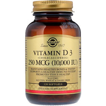 Load image into Gallery viewer, Solgar Vitamin D3 (Cholecalciferol) 250mcg 10000 IU 120 Softgels