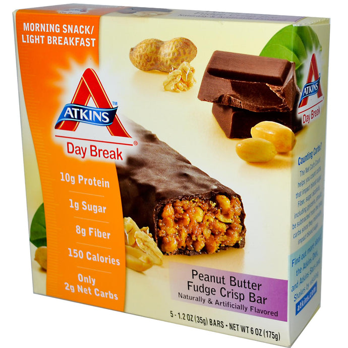 Atkins, Day Break, Morning Snack/Light Breakfast, Peanut Butter Crisp, Fudge Crisp Bar, 5 Bars, 35 g Each