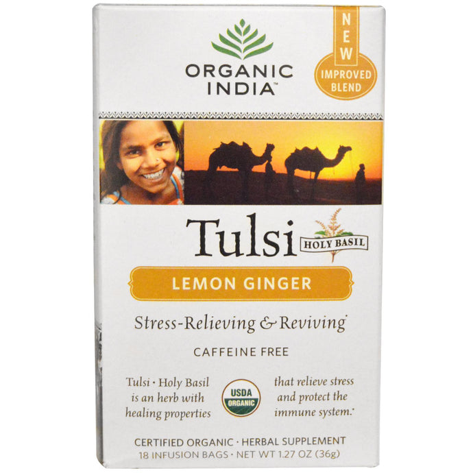 Organic India, Tulsi Holy Basil, Lemon Ginger, Caffeine Free, 18 Infusion Bags, 36 gs