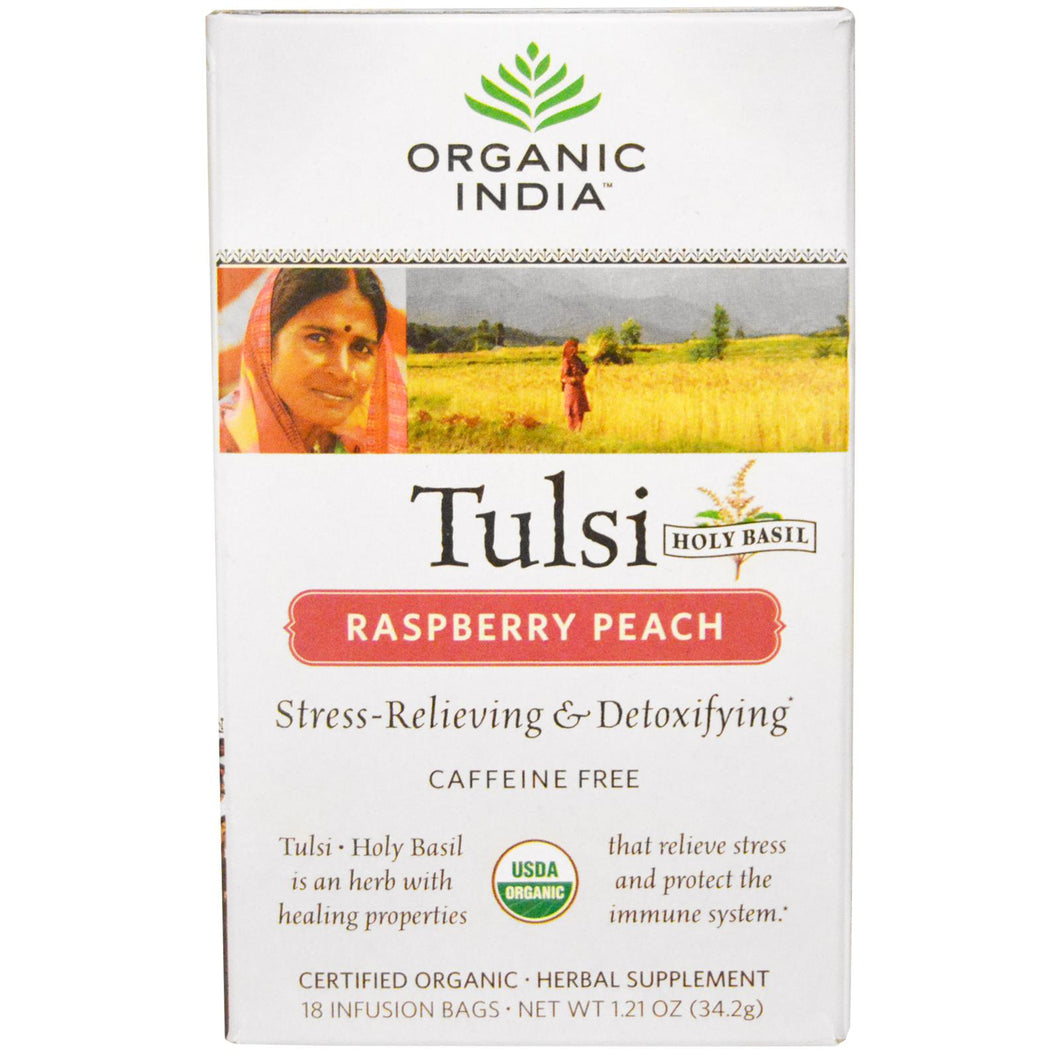 Organic India, Tulsi Holy Basil, Raspberry Peach, Caffeine Free, 18 Infusion Bags, 34.2 gs