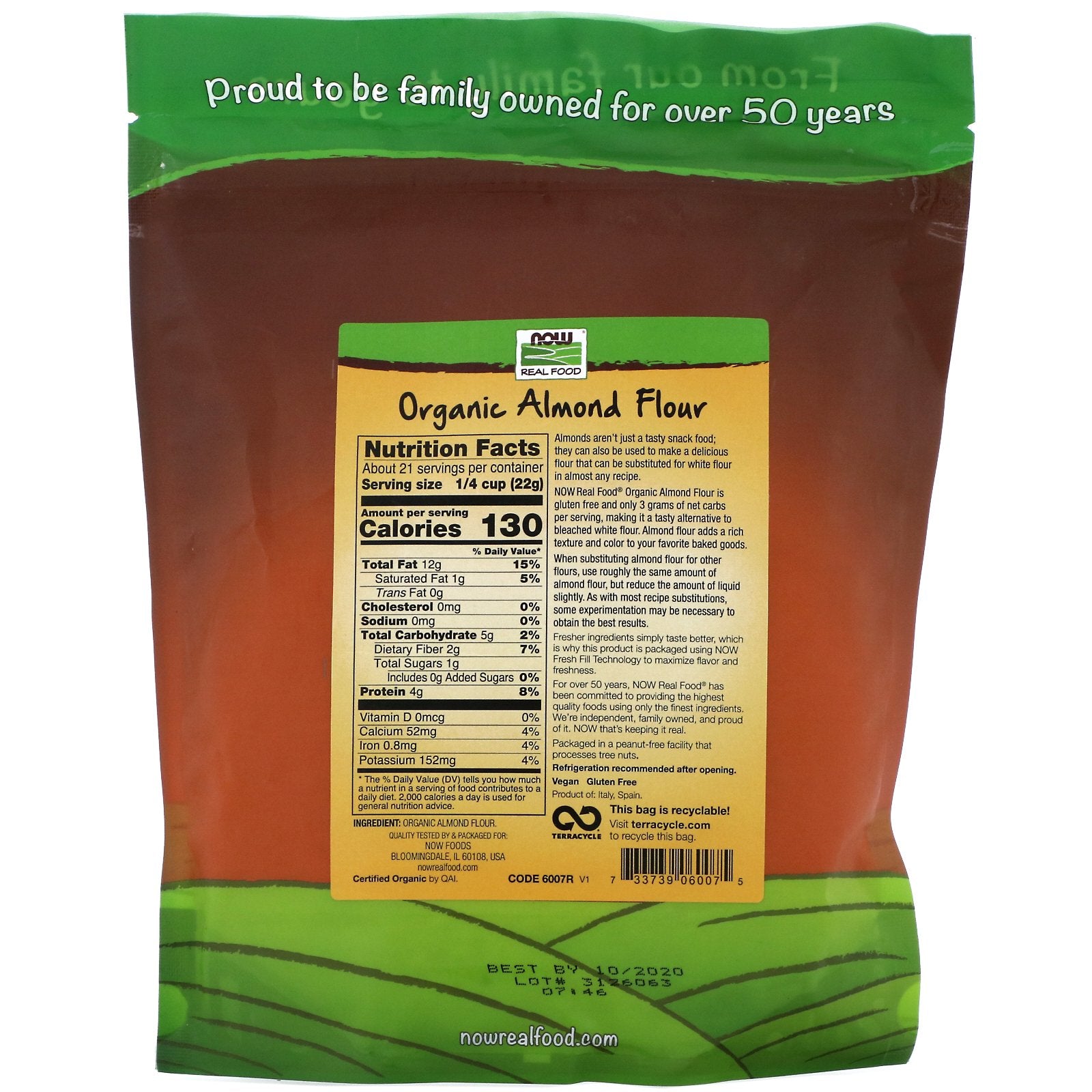 Now Foods Real Food Organic Almond Flour Superfine 16 oz (454 g)