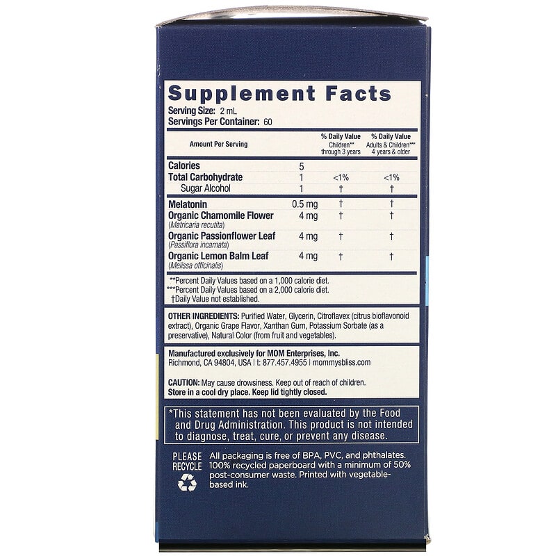 Mommy's Bliss, Kids Sleep Liquid, Melatonin, Kids 3 Yrs +, Natural Grape, 4 fl oz (120 ml)