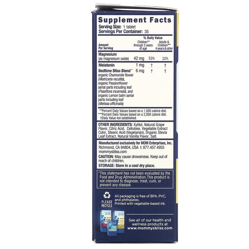 Mommy's Bliss, Kids Sleep Chewable, Melatonin + Magnesium, Kids 3 Yrs+, Natural Grape, 35 Chewable Tablets