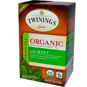 Twinings, 100% Organic, Green Tea with Mint, 20 Tea Bags, 36 g
