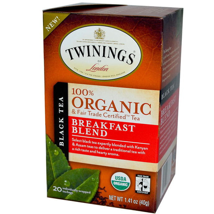 Twinings, 100% Organic Black Tea, Breakfast Blend, 20 Tea Bags, 40g