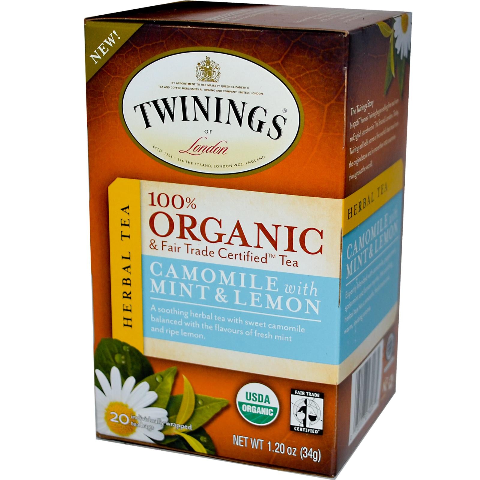 Twinings, 100% Organic, Herbal Tea, Camomile with Mint & Lemon, 20 Tea Bags, 34 g