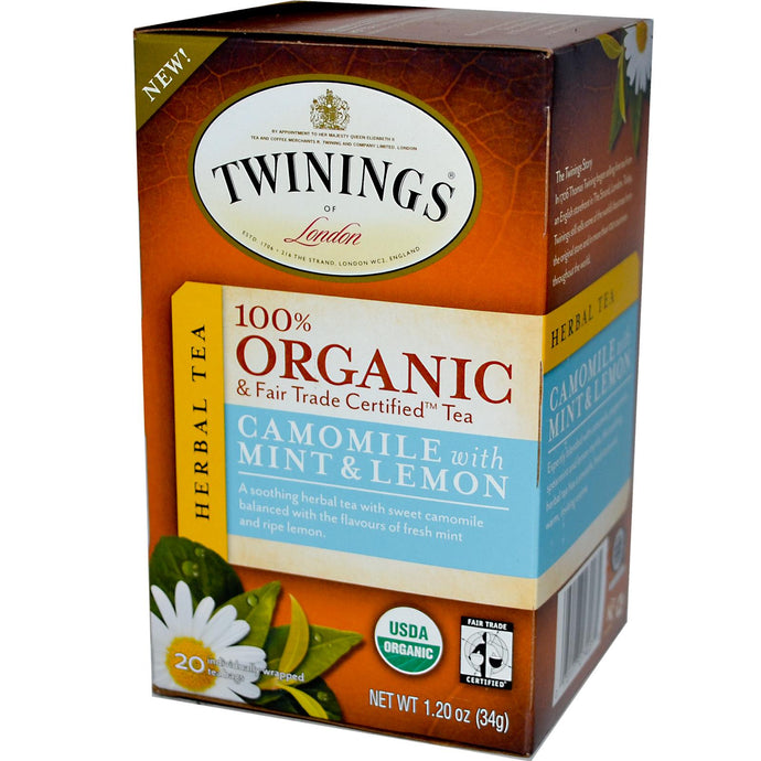 Twinings, 100% Organic, Herbal Tea, Camomile with Mint & Lemon, 20 Tea Bags, 34 g