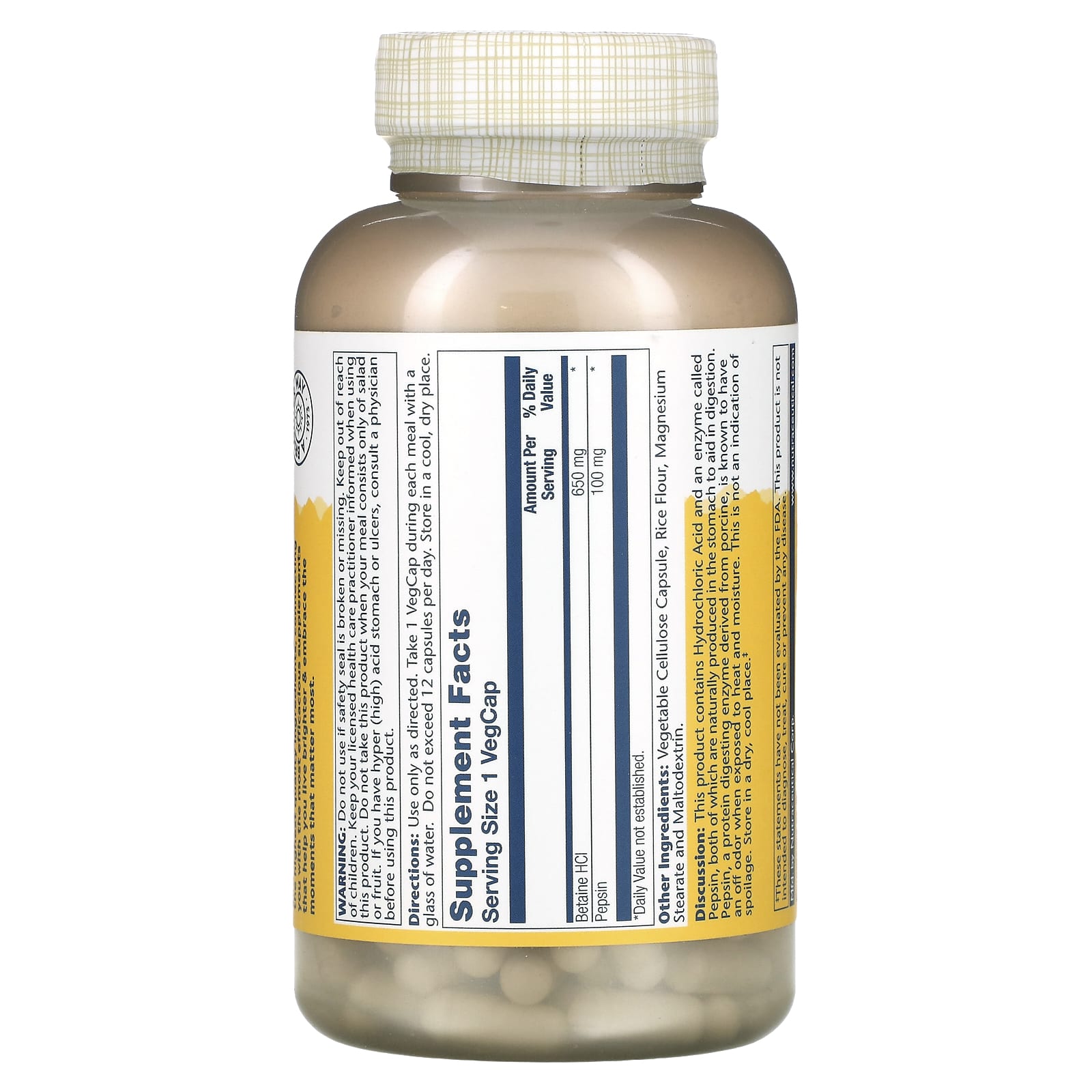 Solaray, High Potency Betaine HCL with Pepsin, 650 mg, 250 VegCaps