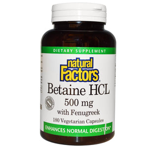 Natural Factors, Betaine HCL, with Fenugreek, 500 mg, 180 VCaps