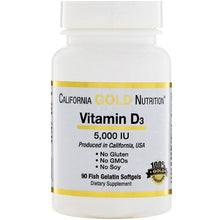 Load image into Gallery viewer, California Gold Nutrition Vitamin D3 125mcg (5000 IU) 90 Fish Gelatin Softgels