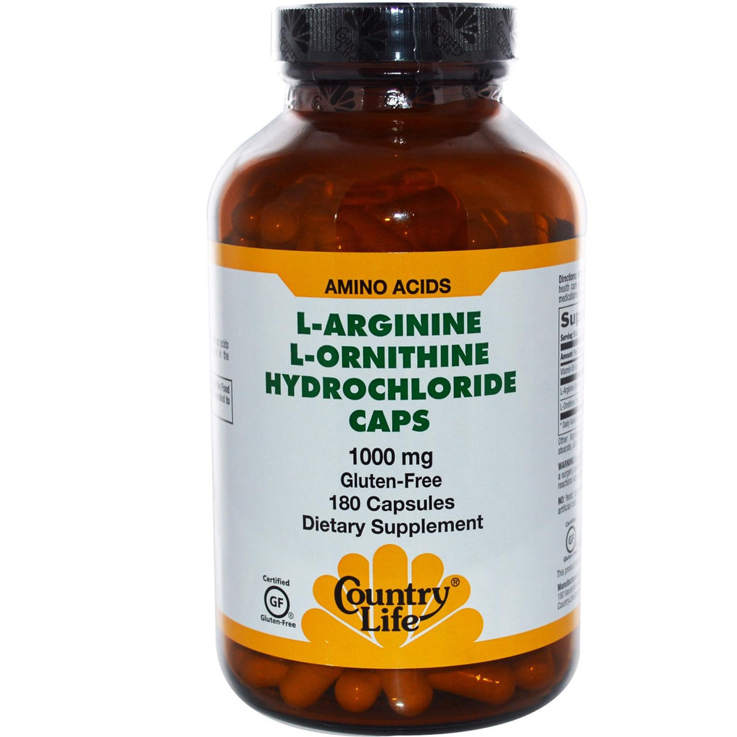 Country Life Gluten Free L-Arginine L-Ornithine Hydrochloride Caps 1000 mg 180 Capsules