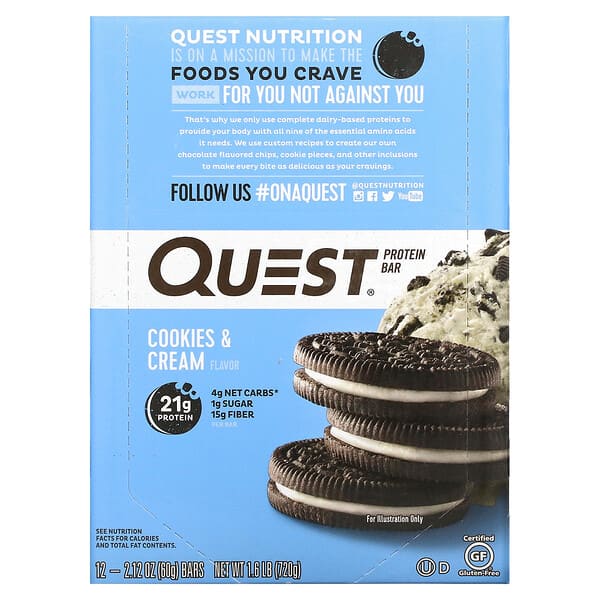 Quest Nutrition Protein Bar Cookies & Cream 12 Bars 60g Each