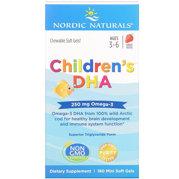 Nordic Naturals, Children's DHA, Ages 3-6, Strawberry, 250 mg, 180 Mini Soft Gels