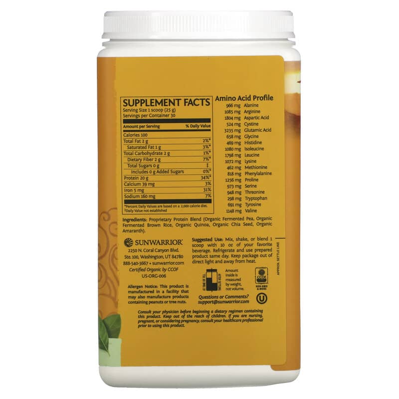 Sunwarrior, Protein Classic Plus, Plant Based, Unflavored, 1.65 lb (750 g)
