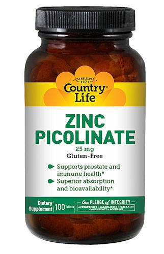 Country Life, Zinc Picolinate, Gluten Free, 25 mg, 100 Tablets