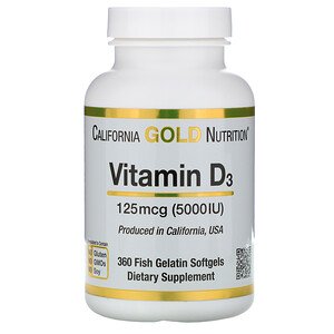 California Gold Nutrition Vitamin D3, 125 mcg (5000 IU) 360 Fish Gelatin Softgels