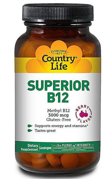 Country Life Gluten Free Superior B12 Berry Flavor 3000 mcg 50 Sublingual Lozenges