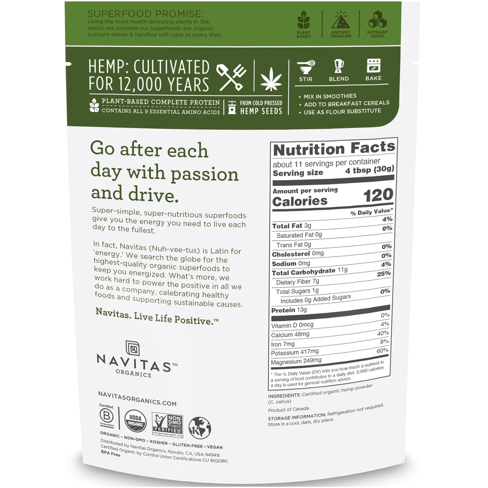 Navitas Organics Organic Hemp Powder 12 oz (340g)