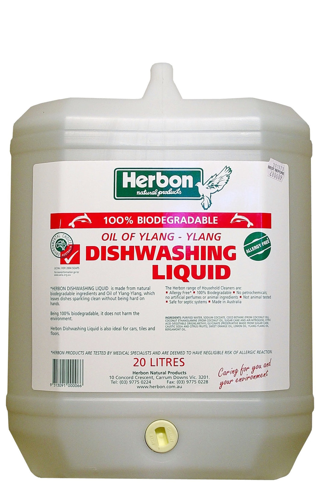 Herbon, Dishwashing Liquid, Oil of Ylang, Dishwashing Liquid, Fragrance Free, Naturally Biodegradable, 20 Litres