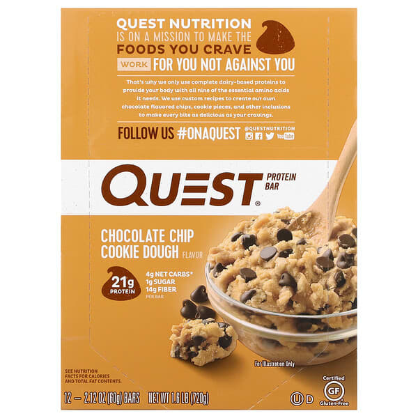 Quest Nutrition Protein Bar Choc Chip Cookie Dough 12 Bars 60g Each